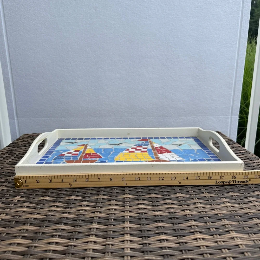 Handmade Mosaic Sailboat Serving Tray Wooden Coastal Nautical Decorative 19x12